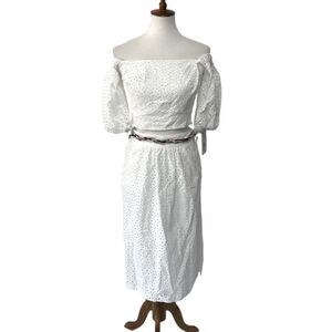 AMAZING white lace two piece crop top skirt set off shoulder puff sleeves small